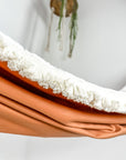 Indoor hammock for kids, little hammock™, kid’s hammock swing, terracotta color + fringe trim, close up