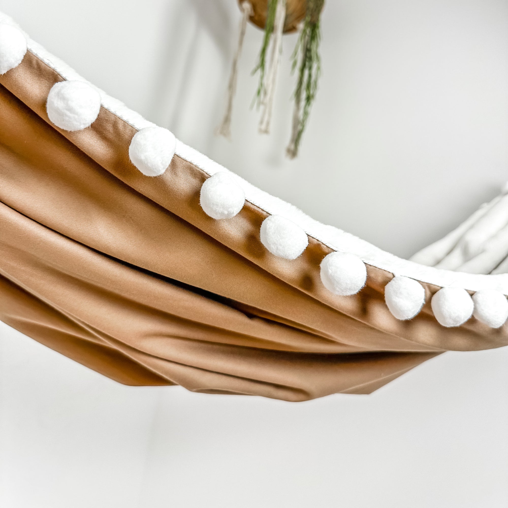 Indoor hammock for kids, little hammock™, kid’s hammock swing, sand dune color + Pom Pom trim, close up