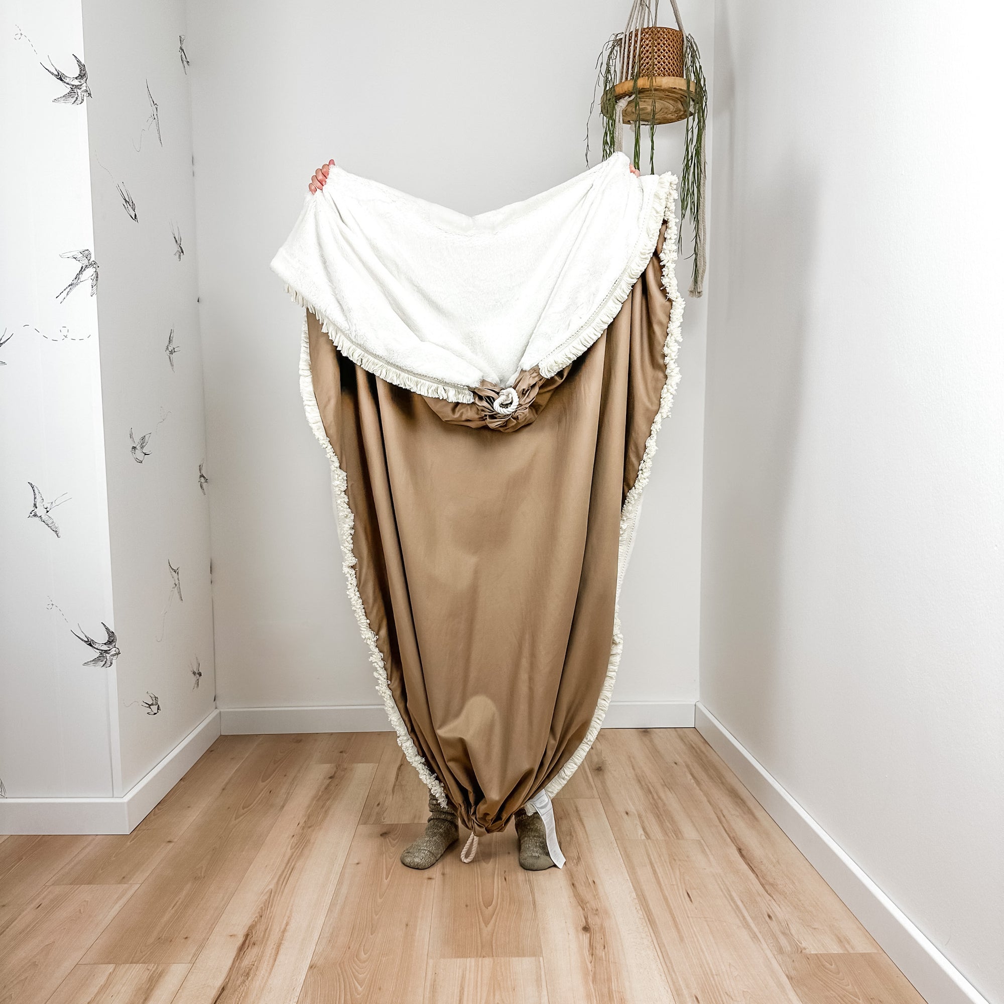 Indoor hammock for kids, little hammock™, kid’s hammock swing, sand dune color + fringe trim, held up by child