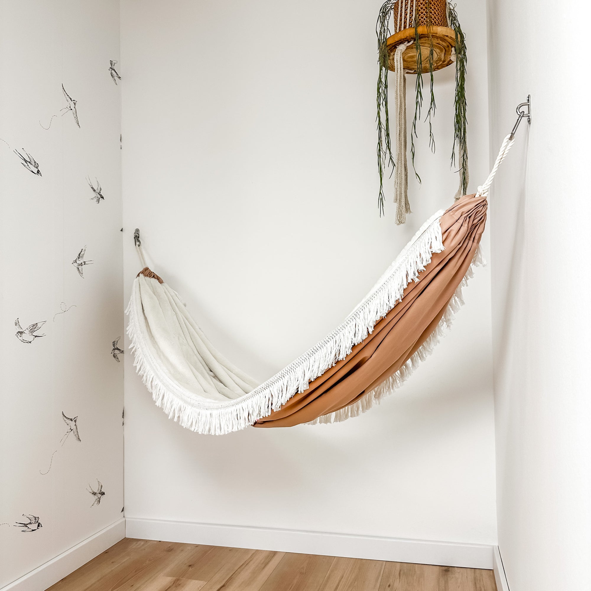Indoor hammock for kids, little hammock™, kid’s hammock swing, dusty rose color + vintage trim, hanging in corner
