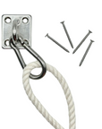 little hammock™ hammock hanging kit with 1 square wall mount plate attached to 1 carabiner, rope, and 4 screws.