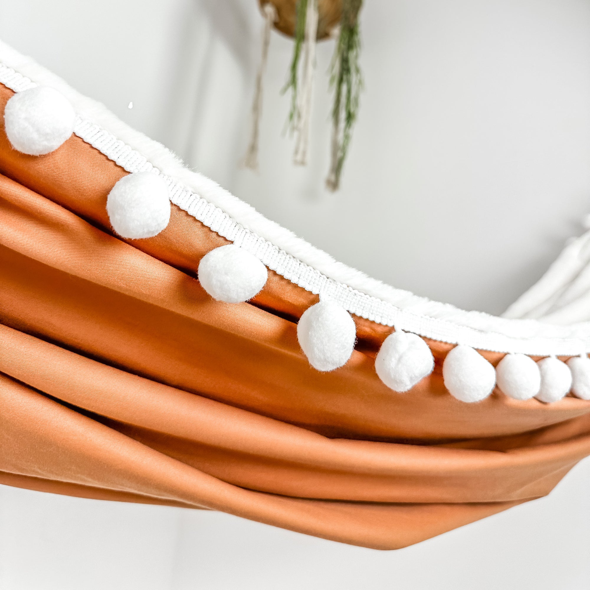 Indoor hammock for kids, little hammock™, kid’s hammock swing, terracotta color + Pom Pom trim, close up