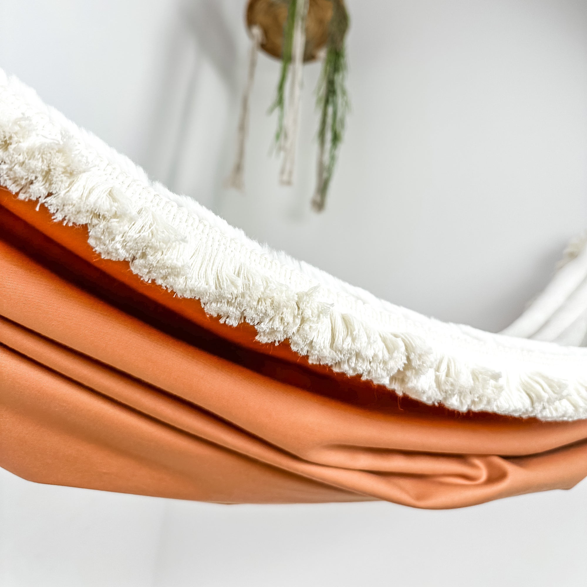 Indoor hammock for kids, little hammock™, kid’s hammock swing, terracotta color + fringe trim, close up