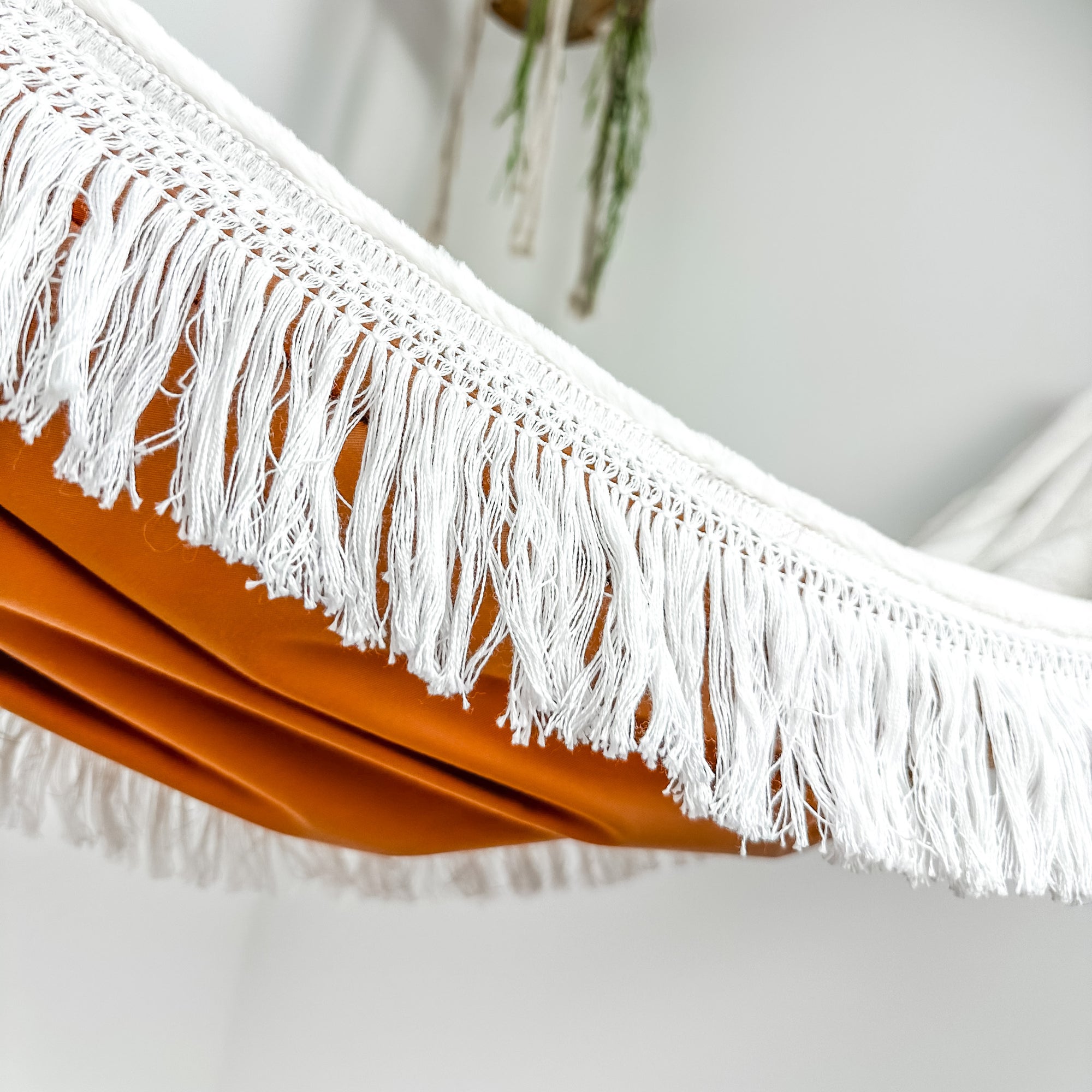 Indoor hammock for kids, little hammock™, kid’s hammock swing, terracotta color + vintage trim, close up