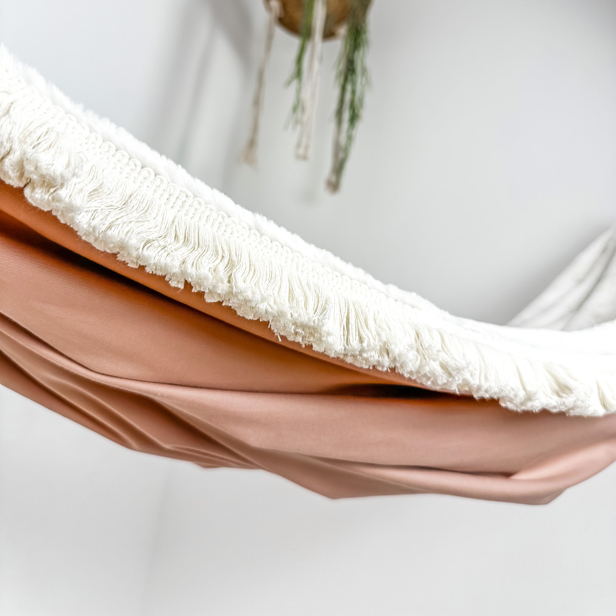 Indoor hammock for kids, little hammock™, kid’s hammock swing, dusty rose color + fringe trim, close up