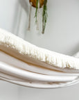 Indoor hammock for kids, little hammock™, kid’s hammock swing, peak white color + fringe trim, close up