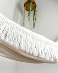 Indoor hammock for kids, little hammock™, kid’s hammock swing, peak white color + vintage trim, close up