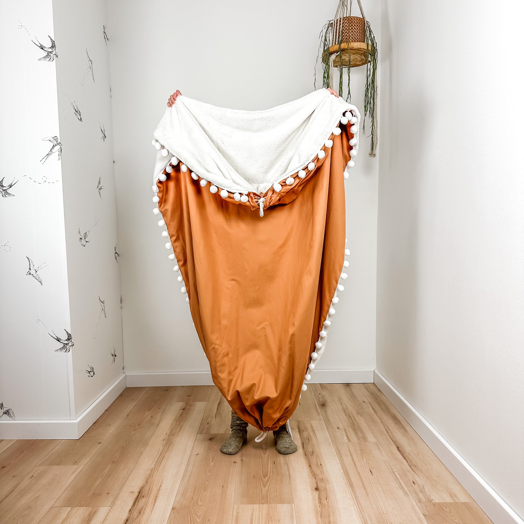 Indoor hammock for kids, little hammock™, kid’s hammock swing, terracotta color + Pom Pom trim, held up by child