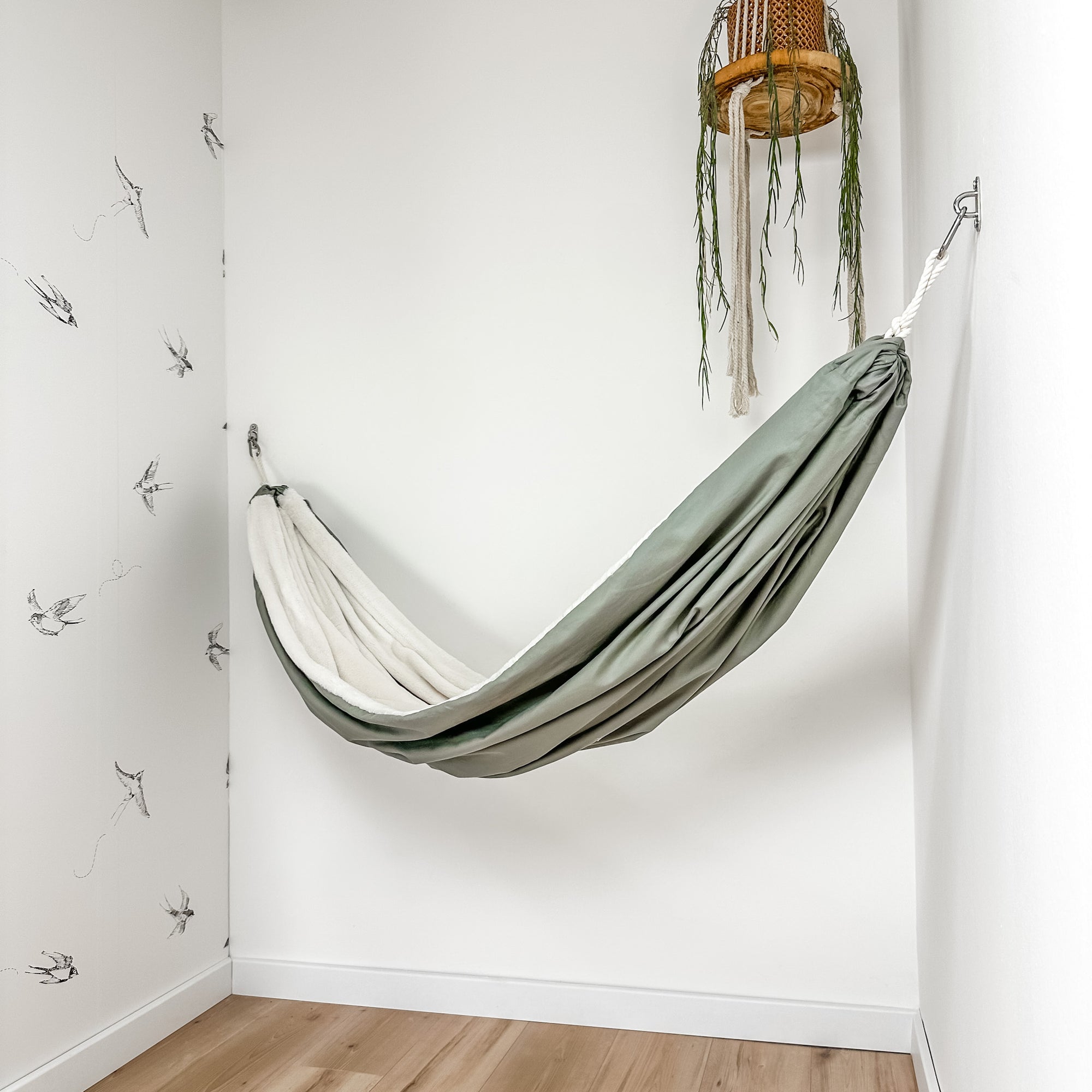 Indoor hammock for kids, little hammock™, kid’s hammock swing, blue sage color + bare trim, hanging in corner