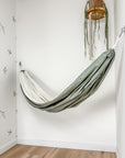 Indoor hammock for kids, little hammock™, kid’s hammock swing, blue sage color + bare trim, hanging in corner