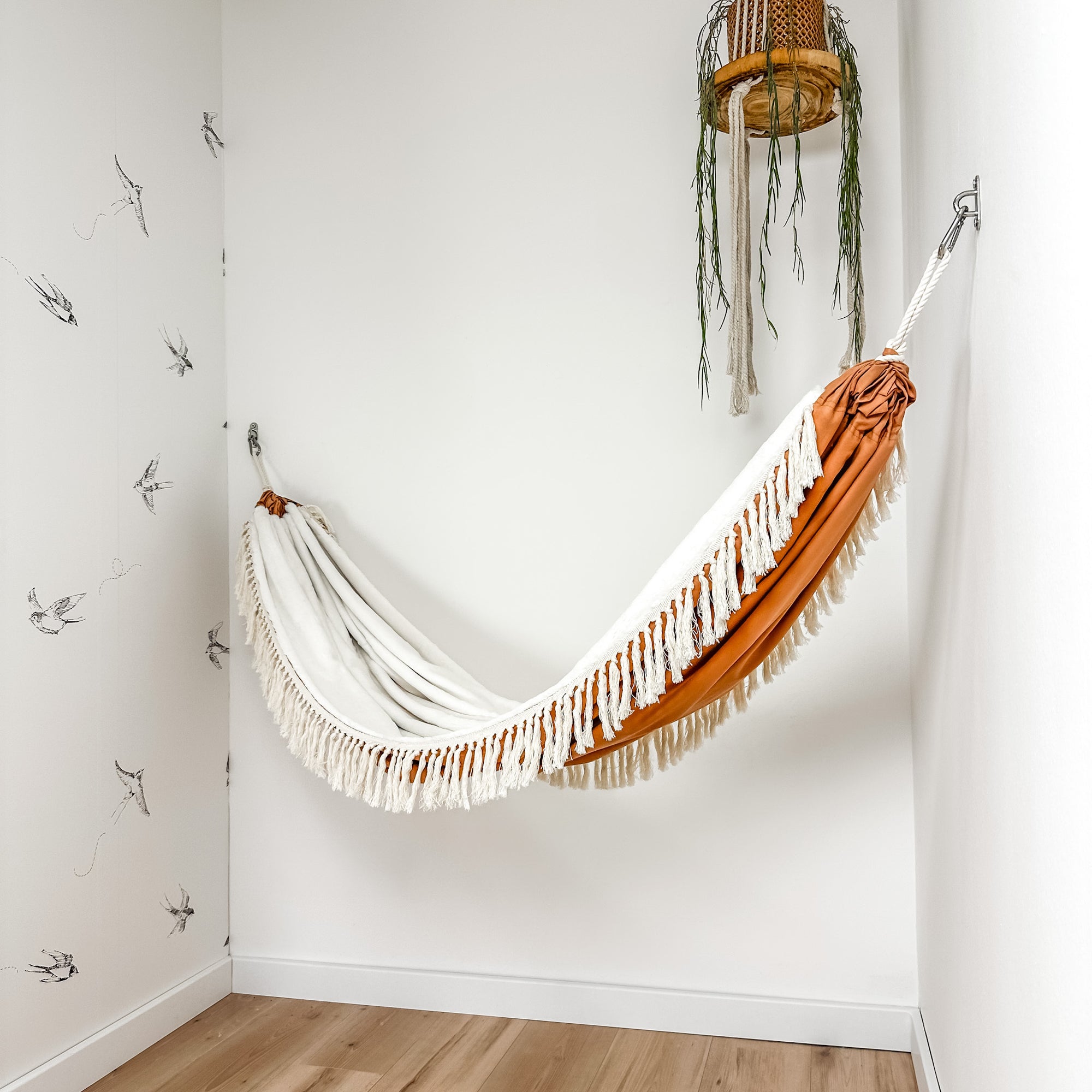 Indoor hammock for kids, little hammock™, kid’s hammock swing, terracotta color + knots trim, hanging in corner