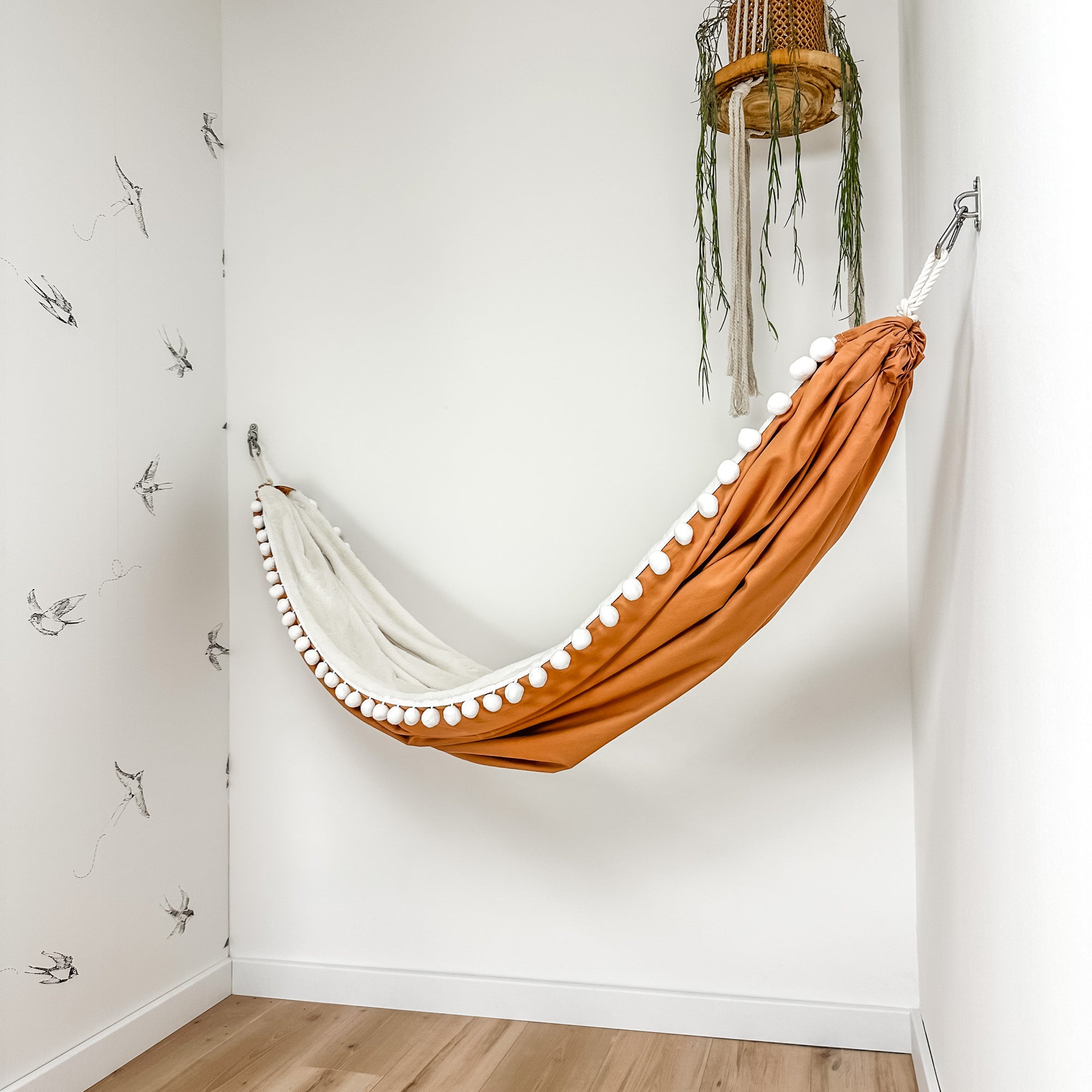 Indoor hammock for kids, little hammock™, kid’s hammock swing, terracotta color + Pom Pom trim, hanging in corner