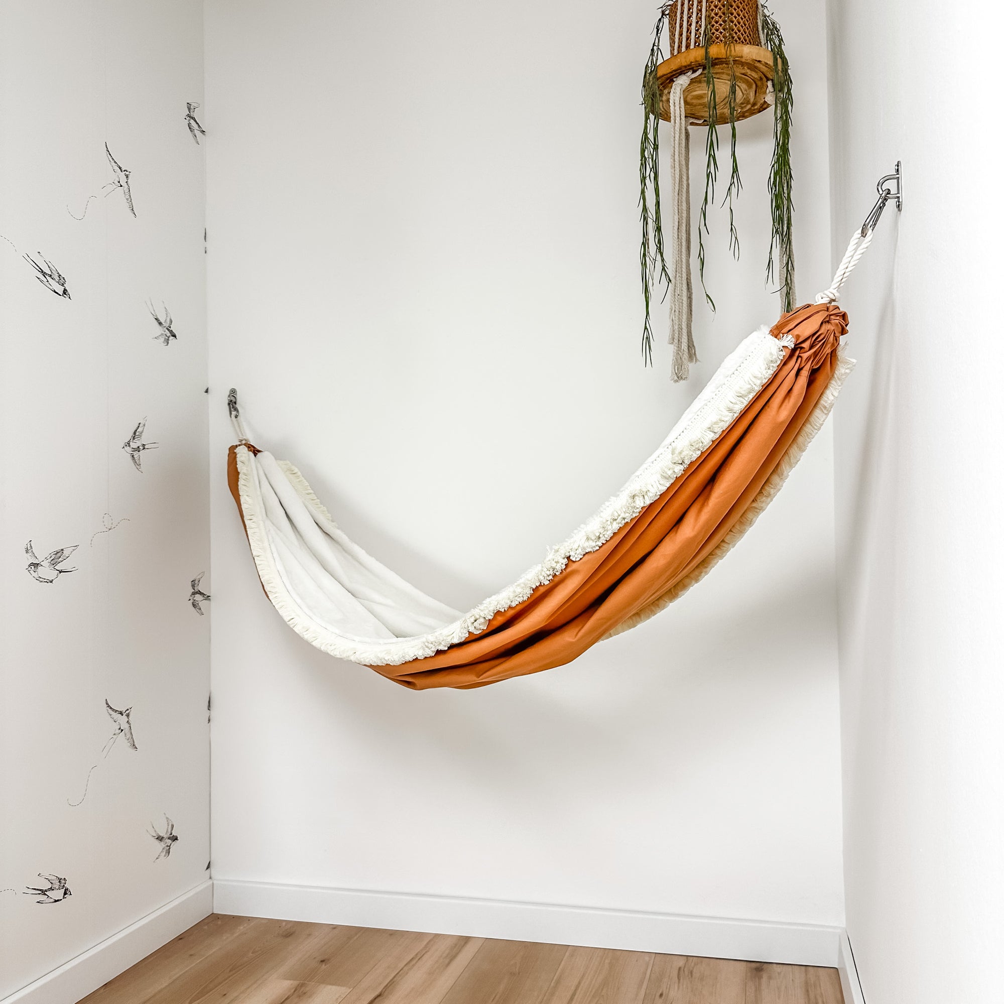 Indoor hammock for kids, little hammock™, kid’s hammock swing, terracotta color + fringe trim, hanging in corner