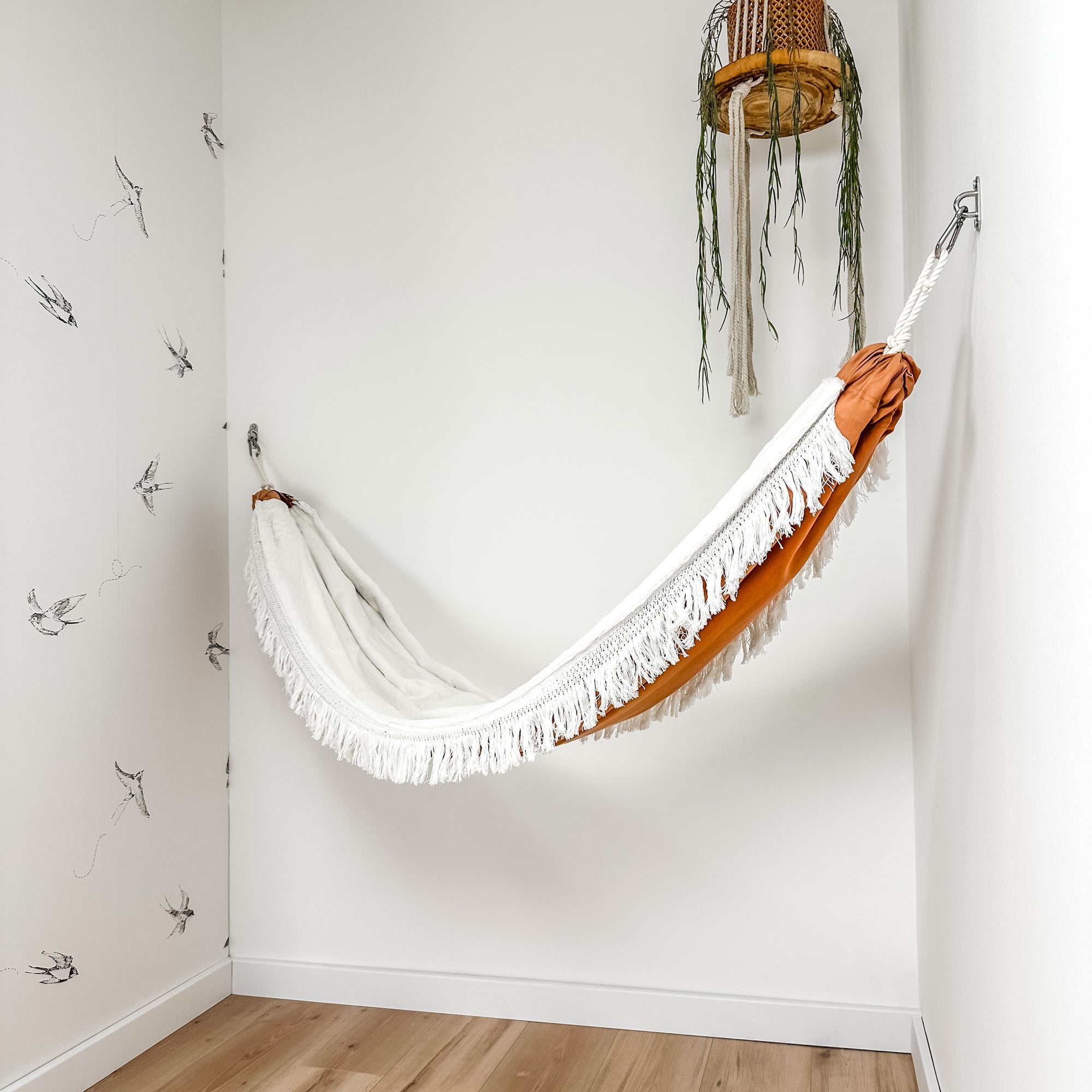 Indoor hammock for kids, little hammock™, kid’s hammock swing, terracotta color + vintage trim, hanging in corner