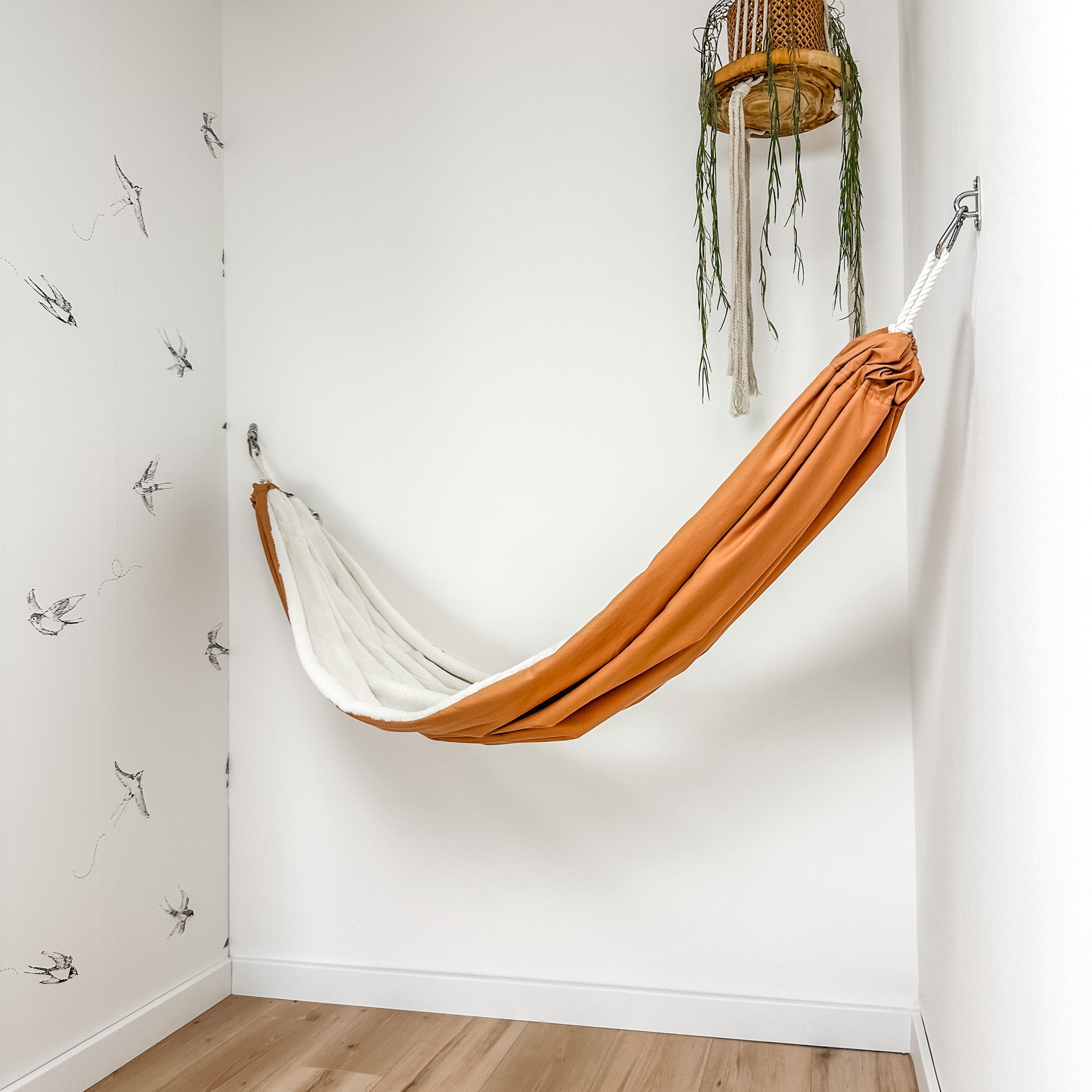 Indoor hammock for kids, little hammock™, kid’s hammock swing, terracotta color + bare trim, hanging in corner