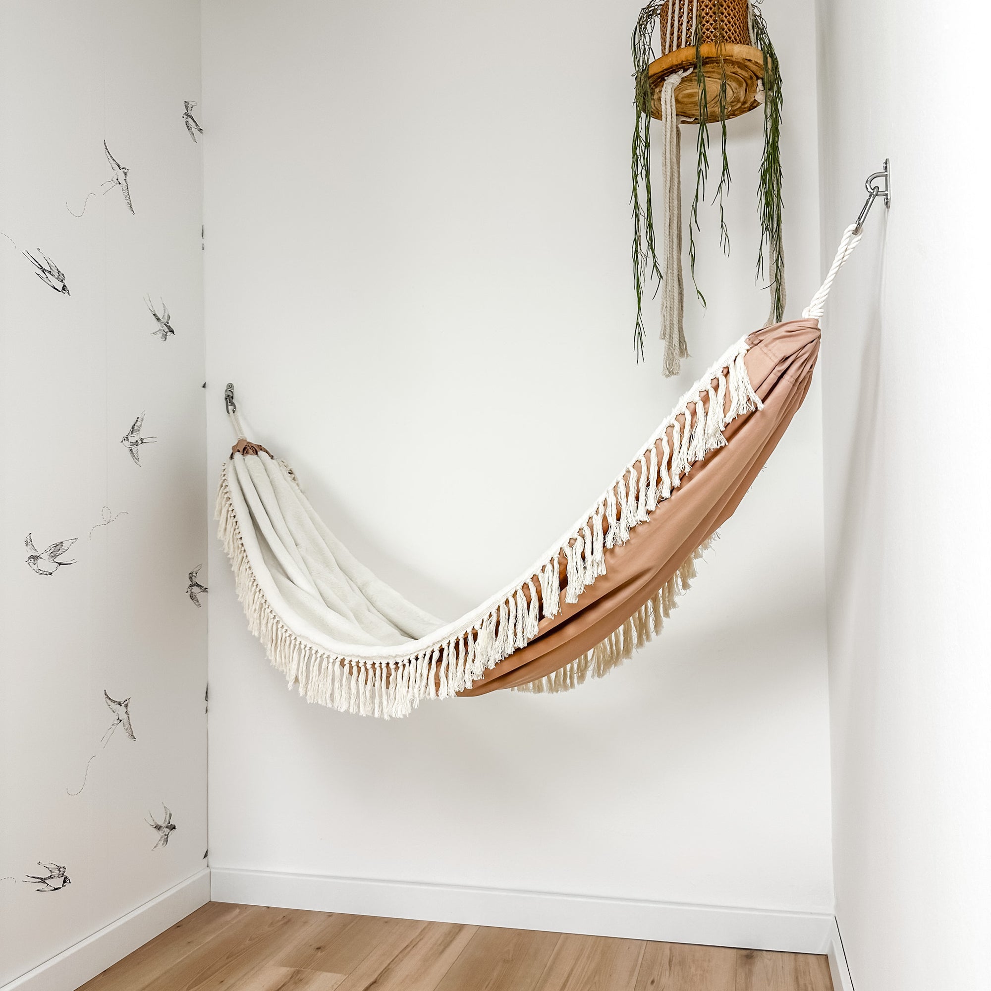 Indoor hammock for kids, little hammock™, kid’s hammock swing, dusty rose color + knots trim, hanging in corner