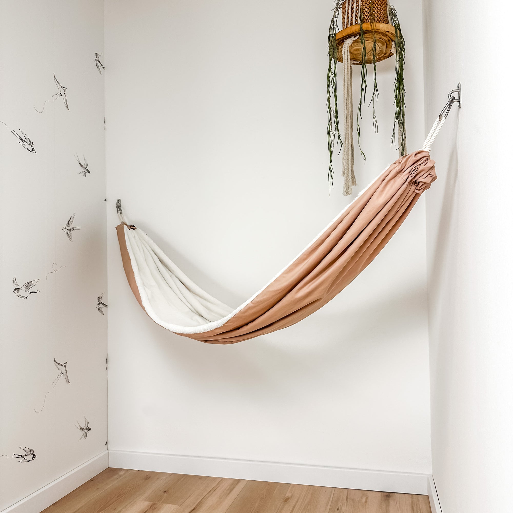 Indoor hammock for kids, little hammock™, kid’s hammock swing, dusty rose color + bare trim, hanging in corner