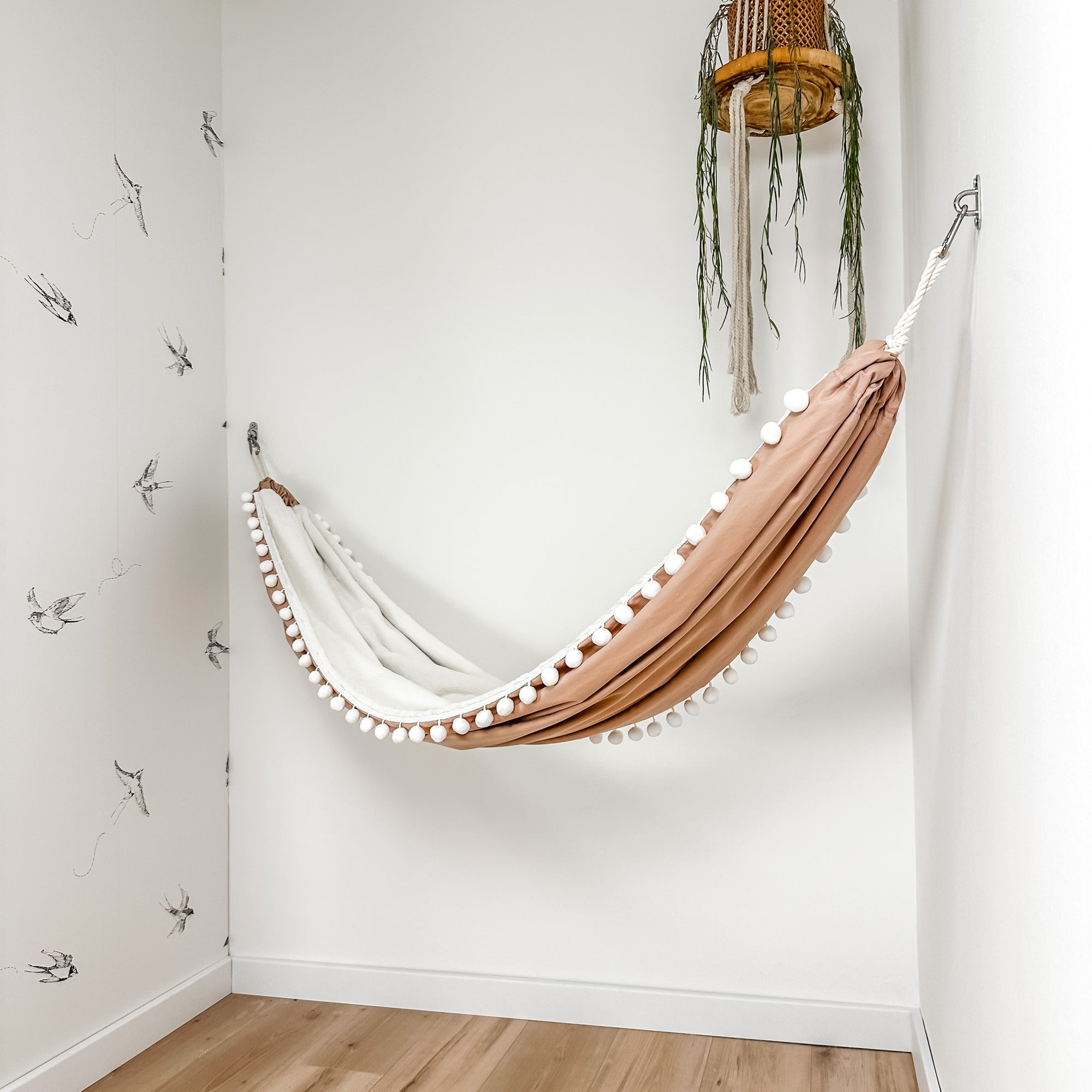 Indoor hammock for kids, little hammock™, kid’s hammock swing, dusty rose color + Pom Pom trim, hanging in corner