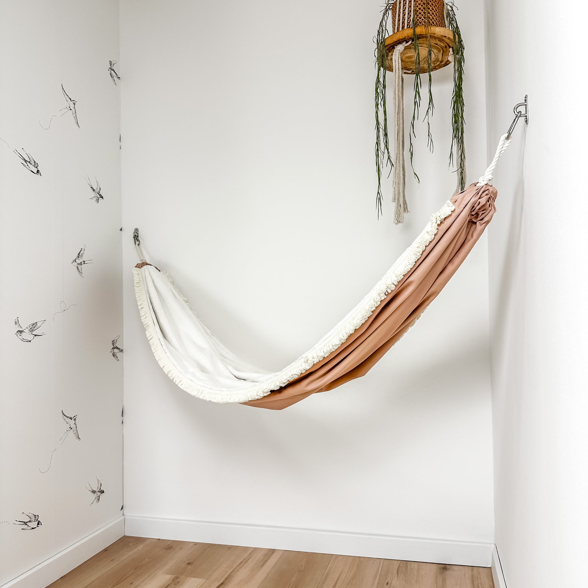 Indoor hammock for kids, little hammock™, kid’s hammock swing, dusty rose color + fringe trim, hanging in corner