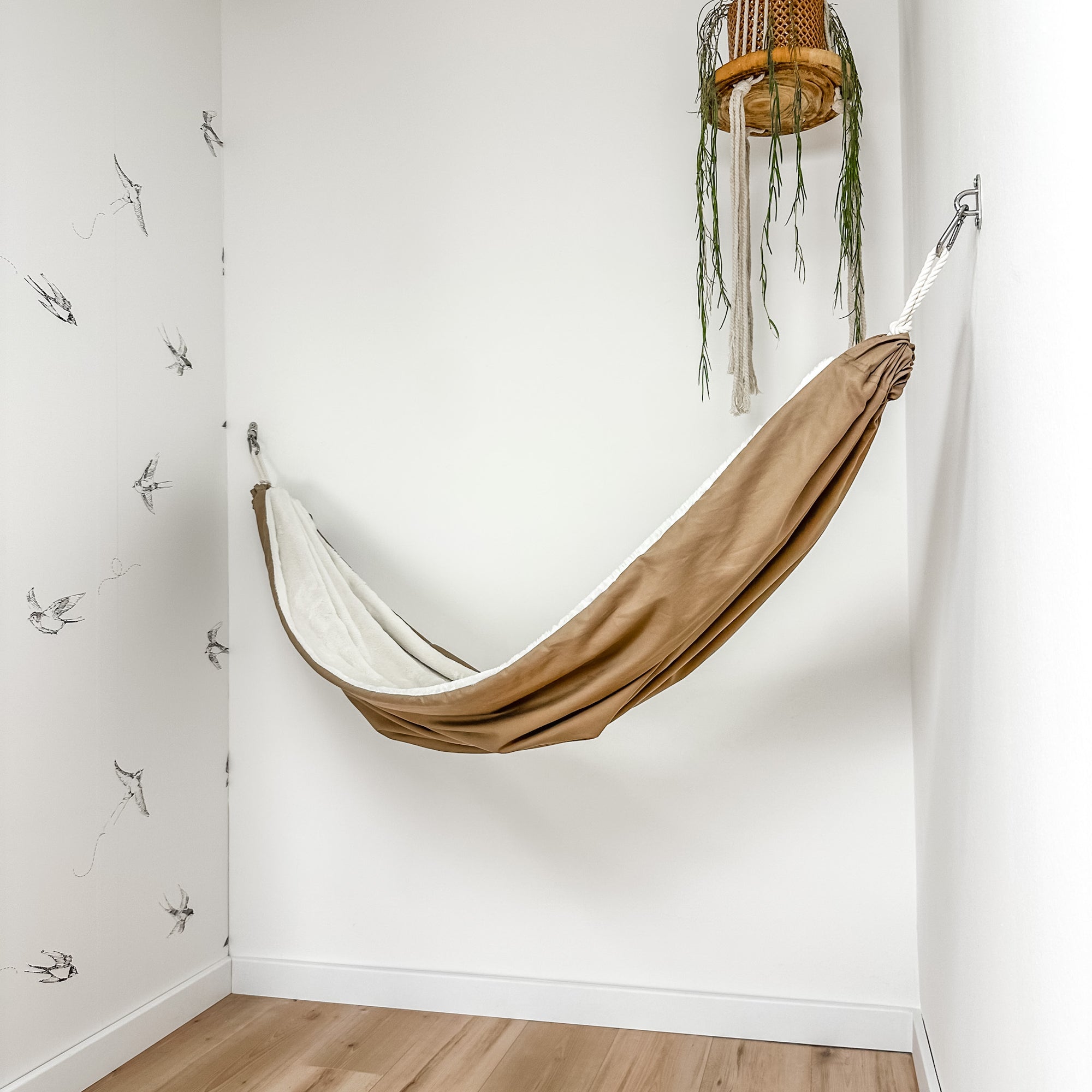 Indoor hammock for kids, little hammock™, kid’s hammock swing, sand dune color + bare trim, hanging in corner