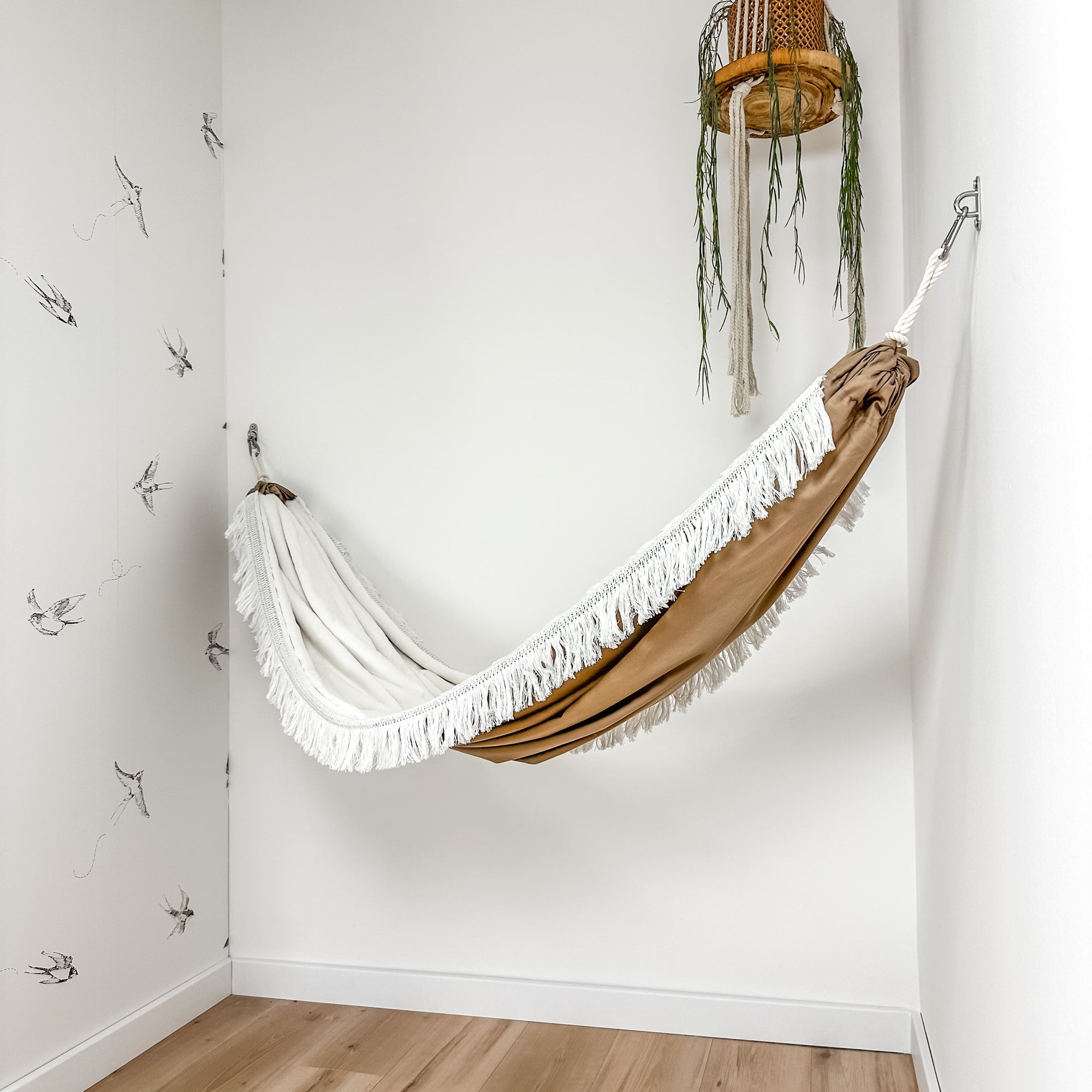 Indoor hammock for kids, little hammock™, kid’s hammock swing, sand dune color + vintage trim, hanging in corner