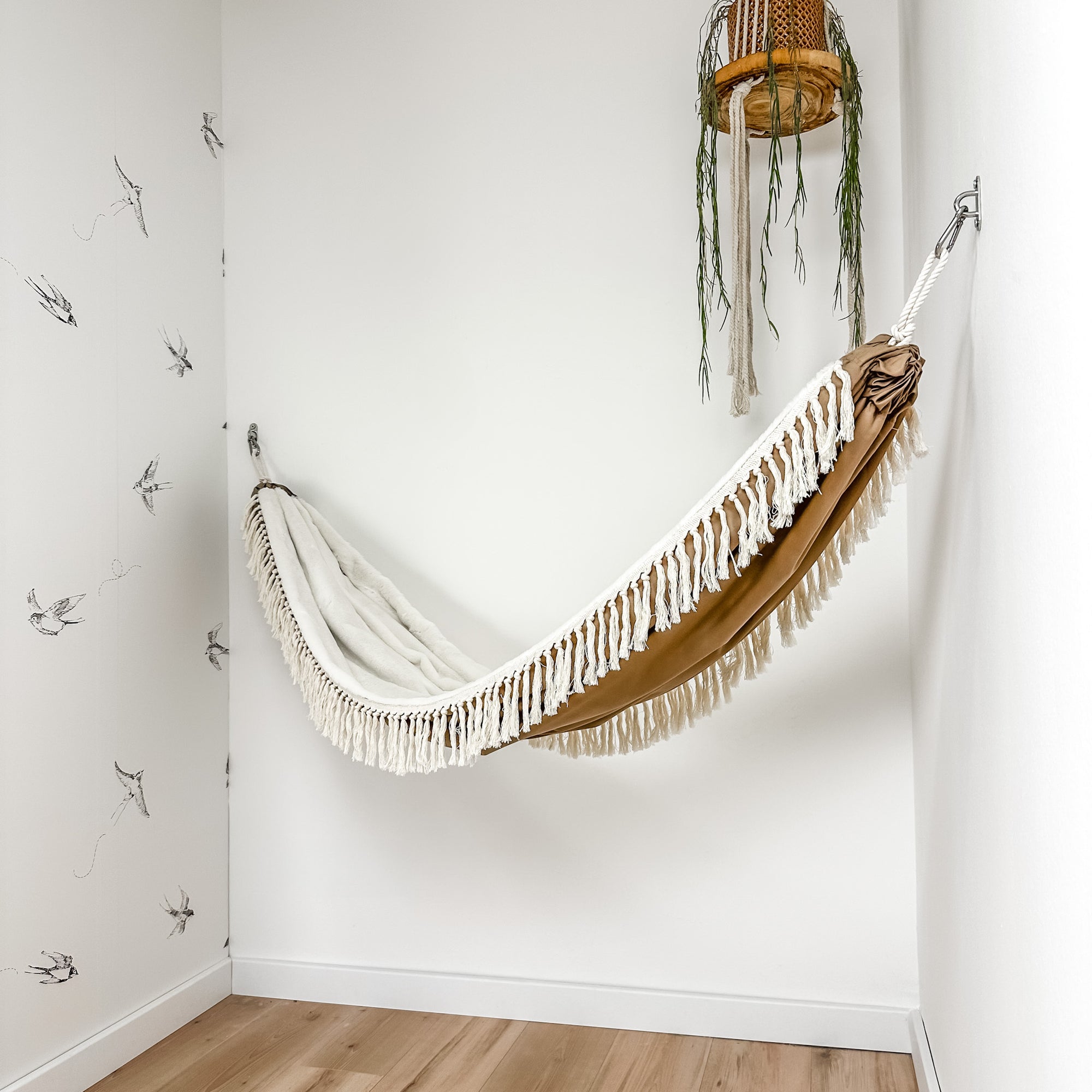 Indoor hammock for kids, little hammock™, kid’s hammock swing, sand dune color + knots trim, hanging in corner