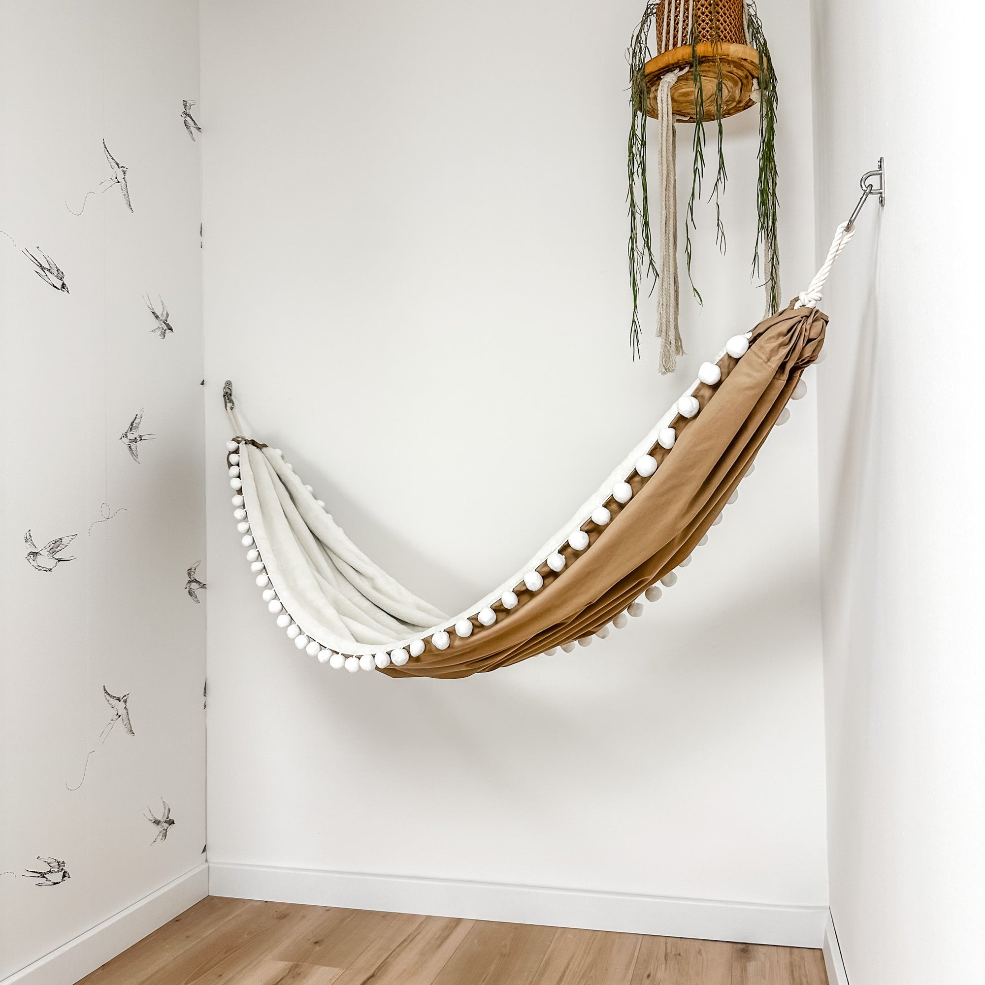 Indoor hammock for kids, little hammock™, kid’s hammock swing, sand dune color + Pom Pom trim, hanging in corner