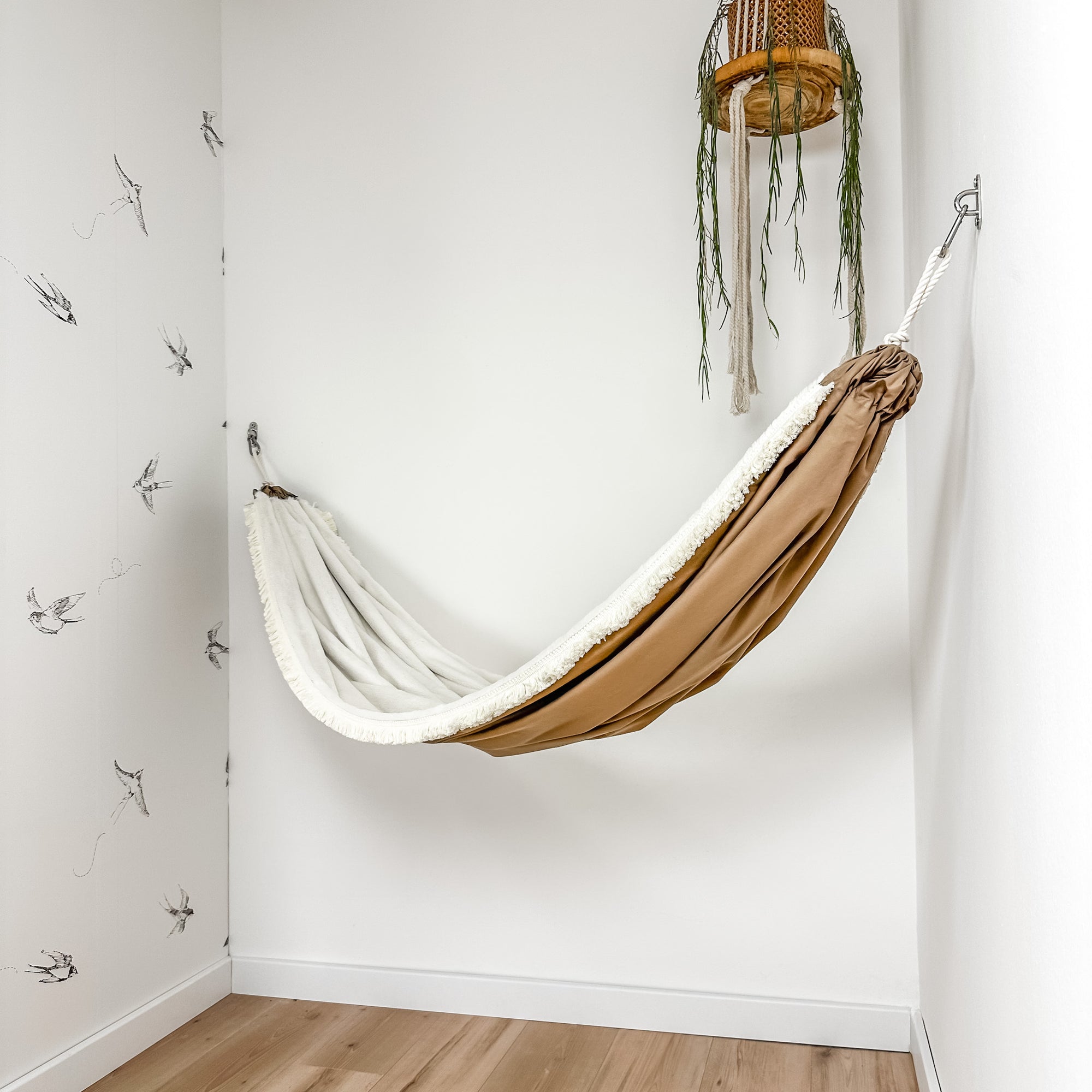 Indoor hammock for kids, little hammock™, kid’s hammock swing, sand dune color + fringe trim, hanging in corner