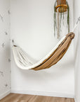 Indoor hammock for kids, little hammock™, kid’s hammock swing, sand dune color + fringe trim, hanging in corner