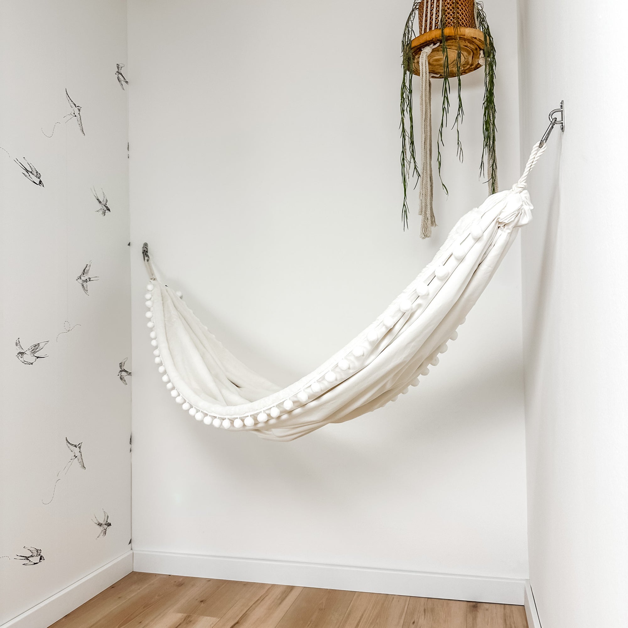 Indoor hammock for kids, little hammock™, kid’s hammock swing, peak white color + Pom Pom trim, hanging in corner