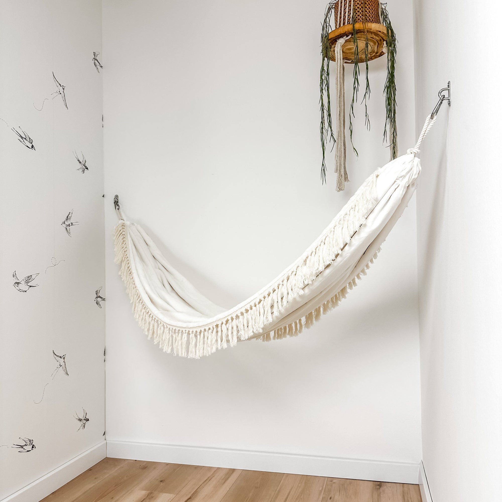 Indoor hammock for kids, little hammock™, kid’s hammock swing, peak white color + knots trim, hanging in corner