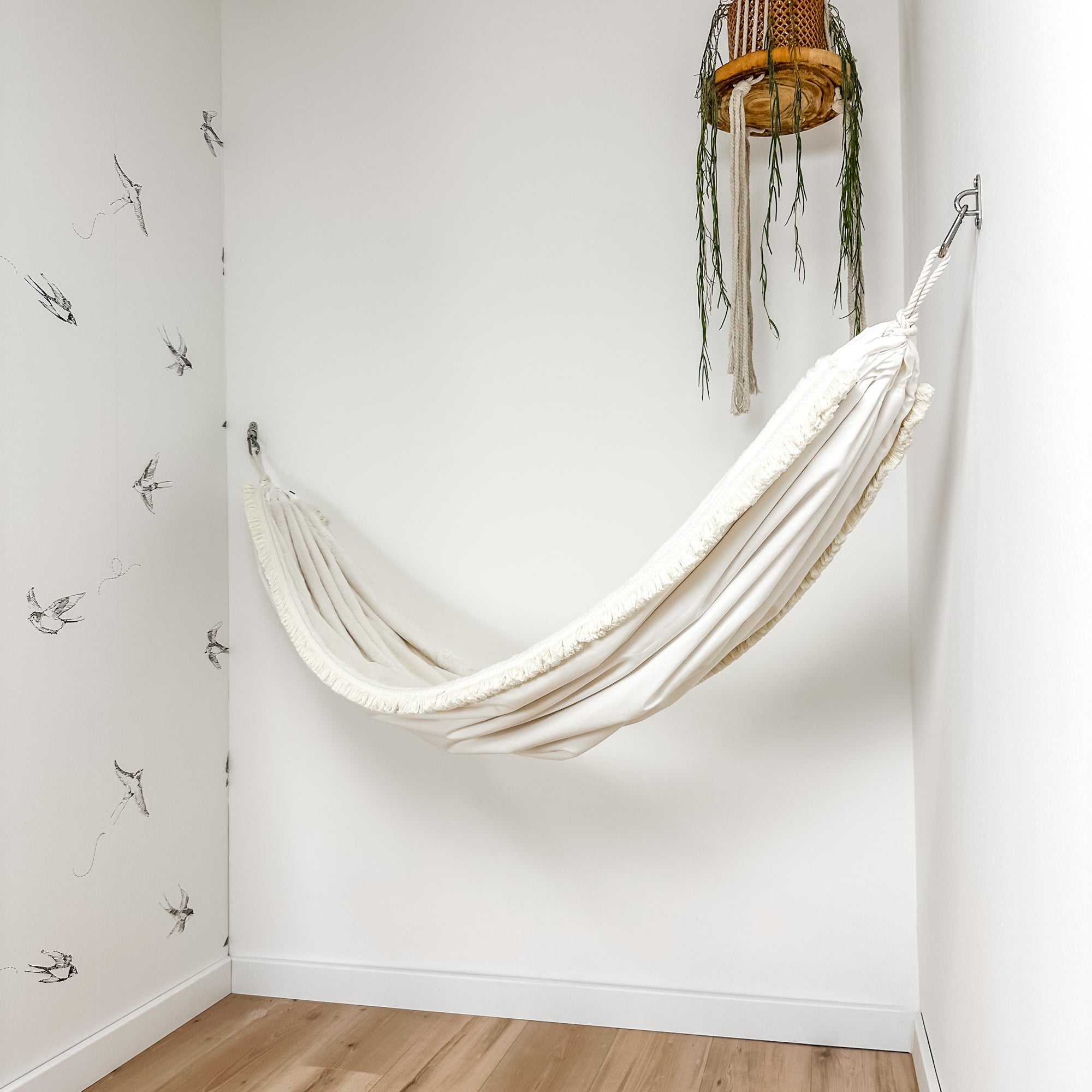 Indoor hammock for kids, little hammock™, kid’s hammock swing, peak white color + fringe trim, hanging in corner