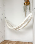 Indoor hammock for kids, little hammock™, kid’s hammock swing, peak white color + fringe trim, hanging in corner