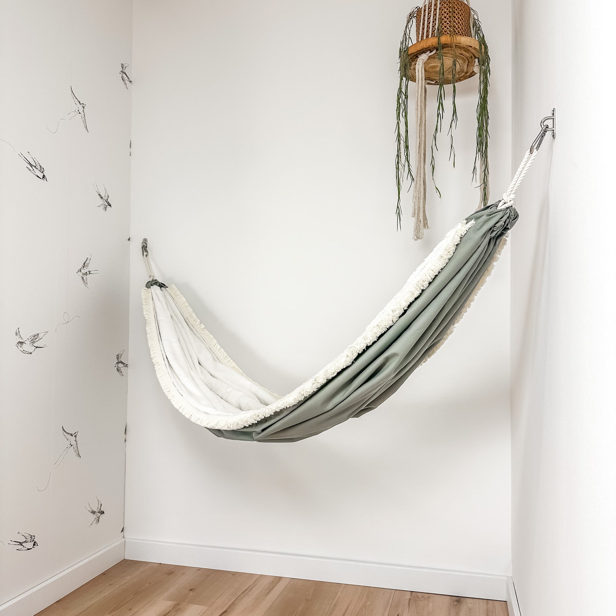 Indoor hammock for kids, little hammock™, kid’s hammock swing, blue sage color + fringe trim, hanging in corner