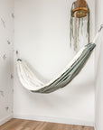 Indoor hammock for kids, little hammock™, kid’s hammock swing, blue sage color + fringe trim, hanging in corner