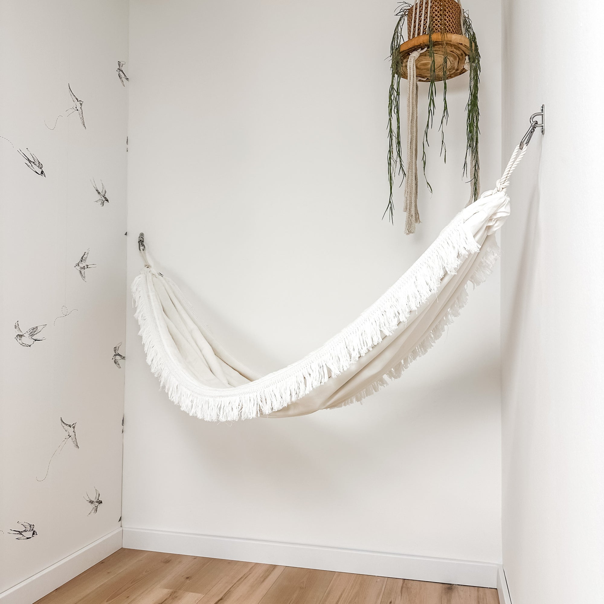 Indoor hammock for kids, little hammock™, kid’s hammock swing, peak white color + vintage trim, hanging in corner