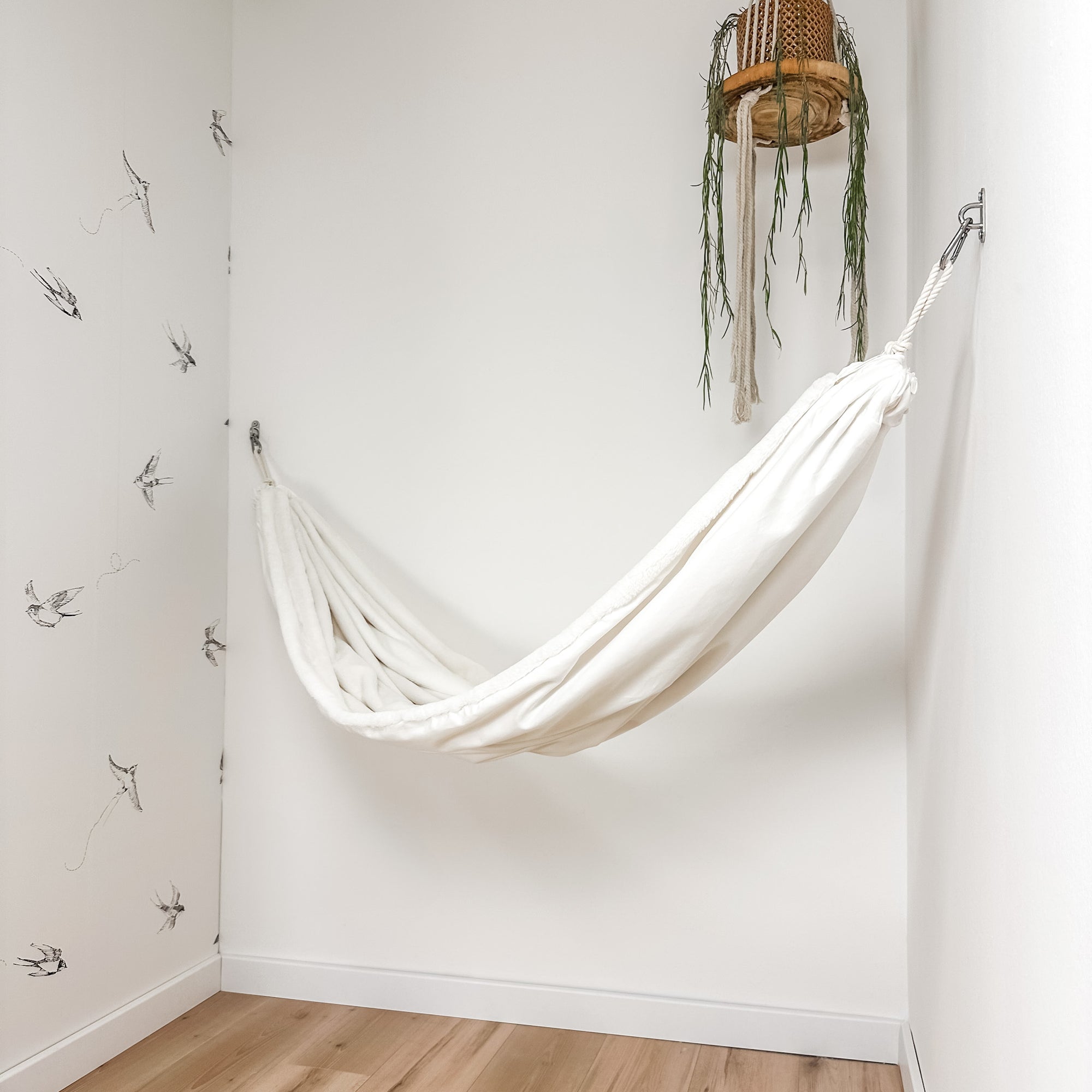 Indoor hammock for kids, little hammock™, kid’s hammock swing, peak white color + bare trim, hanging in corner